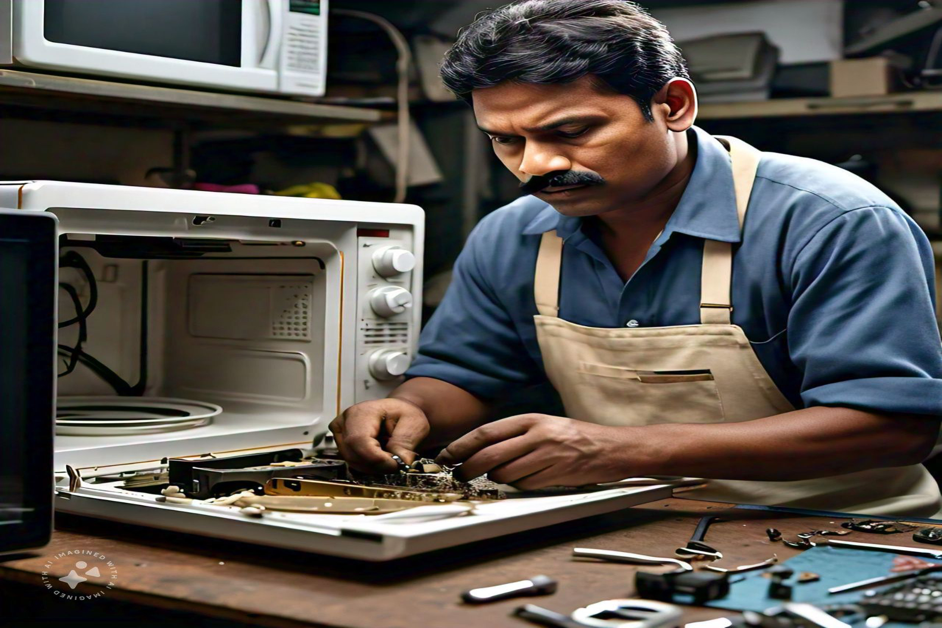 Technician repairing a microwave oven